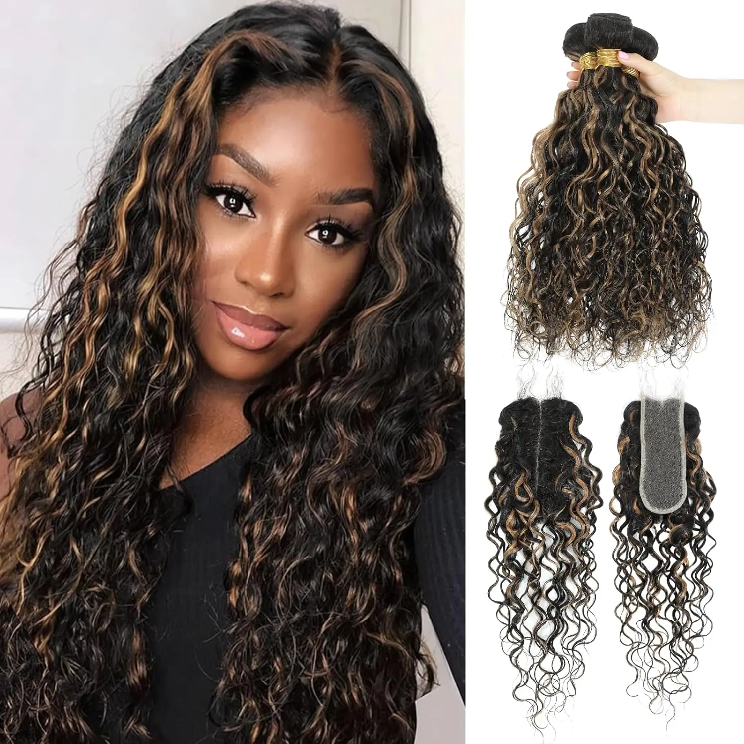 ALHER 12A Ombre Human Hair 3 Bundles With 2x6/4x4/5x5 HD Closure Water Wave 100% Remy Hair 12A Wet n Wavy Curly Black and Blonde Ombre Free Part Closure and Bundle 100% Remy Hair for Women