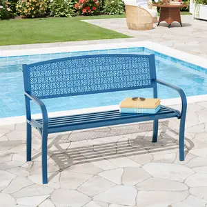 Weather-Resistant Metal Outdoor Garden Bench - 50" Steel Patio Seat with Curved Spine-Friendly Backrest, Decorative Style - for Yard, Deck, Porch, Park, Backyard - Blue