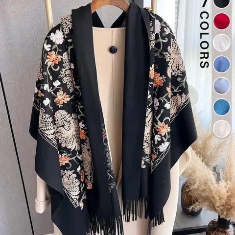 2024 New Style Floral Pattern Tassel Decor Embroidery Shawl, Floral Embroidered Boho Style Scarf, Casual Soft Warm for Fall & Winter, Fashion Accessories for Women & Men Dainty Gift for Your Love, Floral Print Scarf