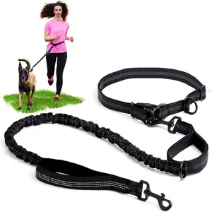 Hands-Free Waist Leash for Dog Walking, Running and Hiking, Adjustable Belt with Double Handle, Reflective Bungee Design for Large & Medium Dogs
