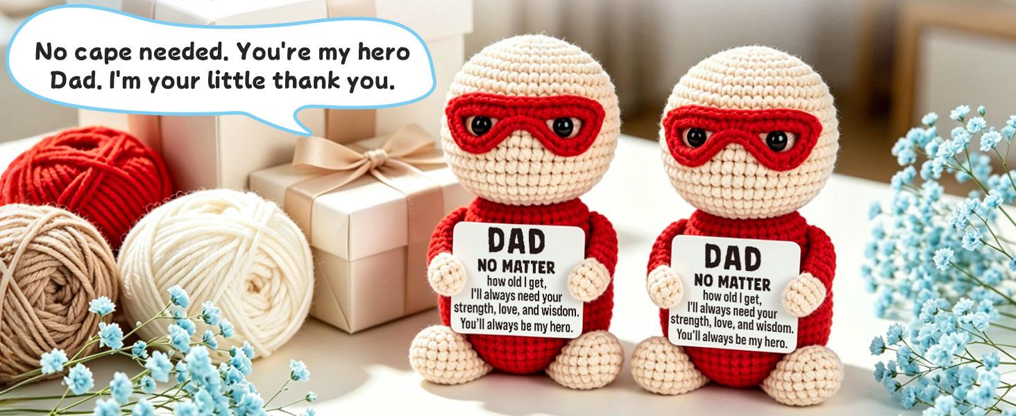 Mini Fathers Day Dad Gifts for Men from Daughter Son Wife Funny Handmade Crochet Hero Birthday Gift for Dads Inspirational Best Dad Ever Gift for Step Dads Father in Law Husband