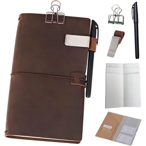 Refillable Journal Travelers Notebook  8.5 x 4.5 Travel Diary with 5 Inserts + Pen Holder and Binder Clip, Standard Size, Brown