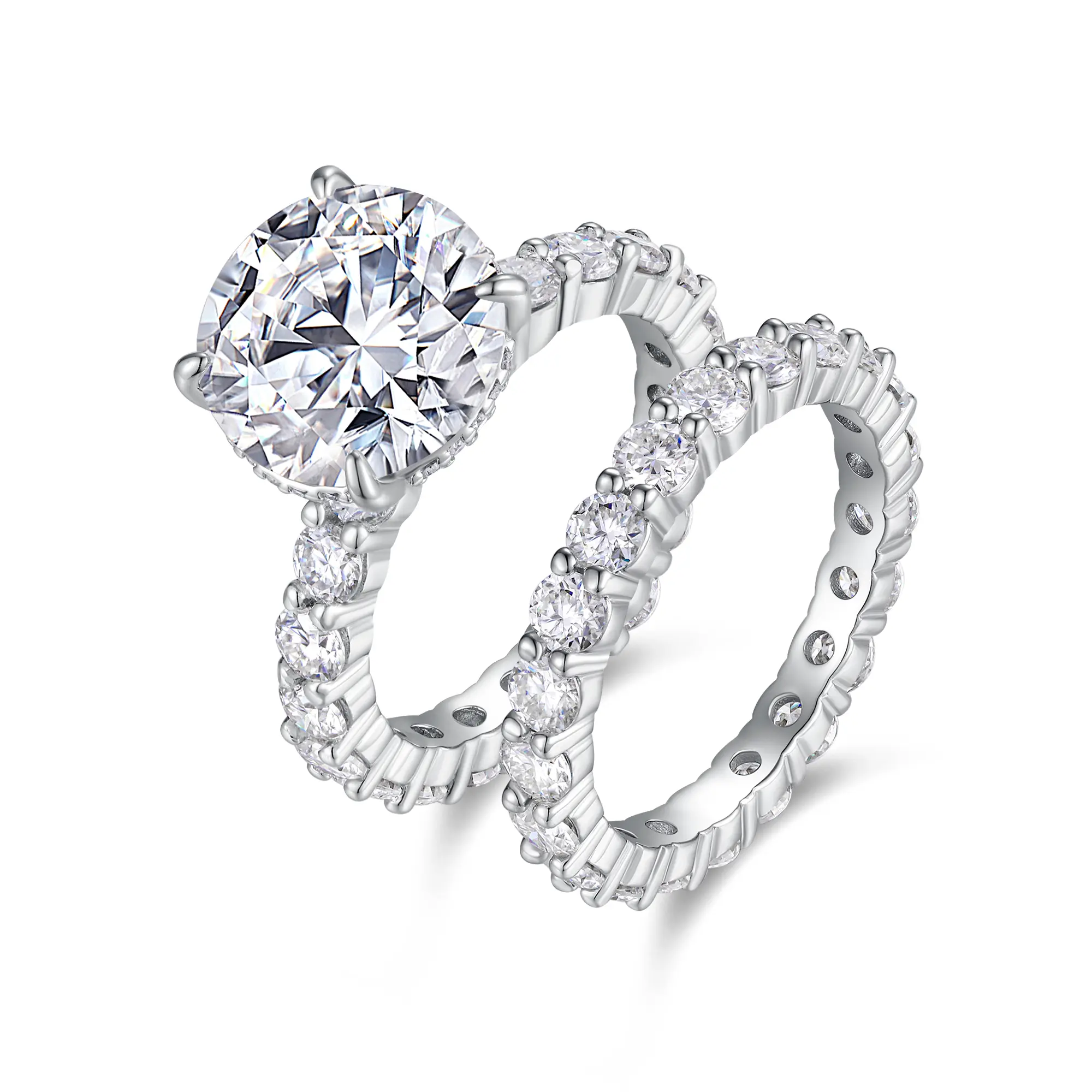 Luxurious 5-Carat Moissanite Set (Main Stone + Accent Stones) – Stackable 2-Piece Set; Long-Lasting Sparkle; Hypoallergenic 925 Silver with Platinum Plating; Perfect for Dating, Engagement, or Gifting.silver jewelry s925 sterling everyday wear