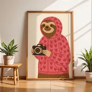 Pink Heart Animal Wall Art, Sloth Photographer Hoodie Print, Whimsical Nursery Poster