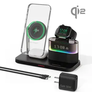【Newest Update 2X Faster】Qi-2 5-in-1 Adjustable RGB & Display & Clock Magnetic 23-W Wireless Charging Stand for iPhone Airpod Apple Watch with charger Device Cellphone Foldable Multidevice