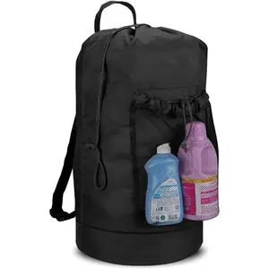Laundry Bag with Shoulder Straps and Mesh Pocket Laundry Backpack Large Portable Laundry Hamper for College Travel, Laundromat, Apartment (Black)