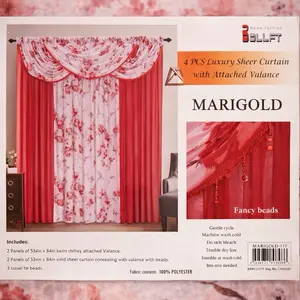 Marigold Luxury Sheer Curtain Set with Attached Valance - 2 Panels of 53"x84" Each, 2 Panels of 53"x84" Solid Sheer, 100% Polyester