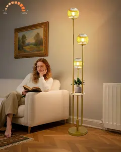 Glass Floor Lamp with Shelf 63IN Dimmable Mid Century Modern Gold Standing Lamps 3000K Bulbs Included Globe Floor Lamp with 5Lbs Heavy Base for Living Room/Wedding/Sofa Beside/Corner Decor