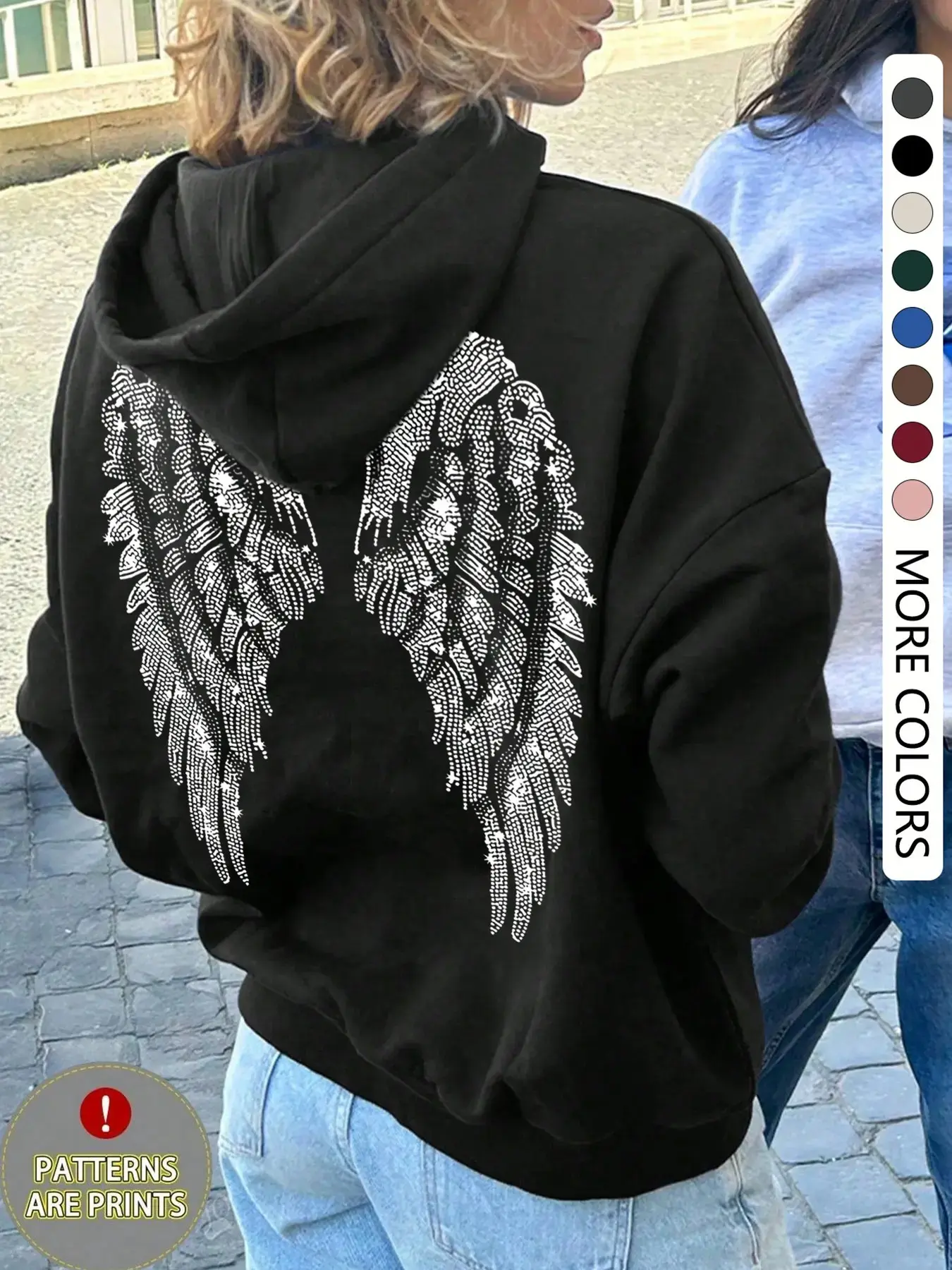 Women's Casual Loose Long Sleeve Hoodie Sweatshirts, Wing Print Design, Thick Fabric, All-Season Wear, Home Daily Use, Comfortable and Stylish