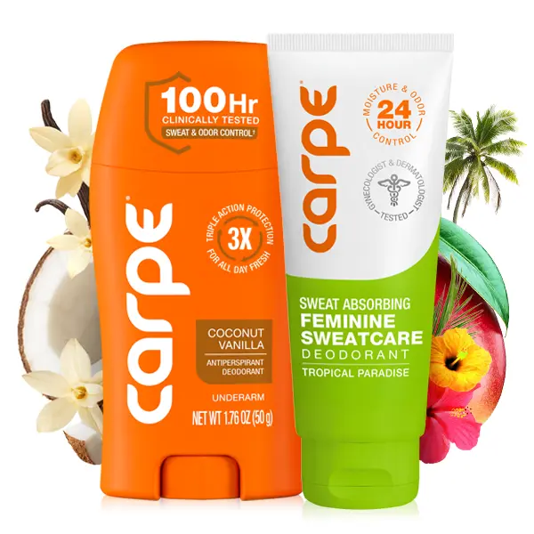 Sweat-Free Duo for Women - Sweat Absorbing Feminine Care Deodorant + Antiperspirant Underarm Lotion - Premium Scents - Choose from Coconut Vanilla, Vanilla Peach, Pure Powder, Lavender Citrus & More - Comfort Down There Scented Cosmetic Aroma
