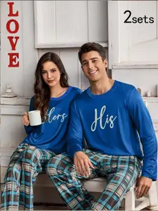 Couple's Letter & Plaid Print Pajama Set, Casual Comfy Round Neck Long Sleeve Top & Bottom Pj Set for Men & Women, Couple Sleepwear for All Seasons