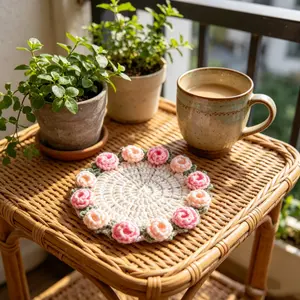 Handmade Crocheted Floral Coasters,Handmade Bouquet Blanket Coaster with Crochet Plant Pot Fun Soft Decorative Drink Coasters for Coffee Tabletop Protection and Home Decor (Cherry Blossom Pink, 1Pc)
