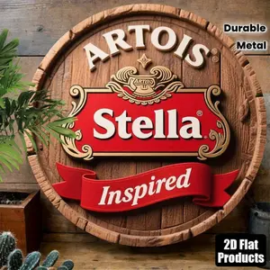 Vintage Artois Stella Inspired Metal Wall Art Sign - Round Wooden Texture Design, Durable Metal Decor for Home, Bar, Office, Kitchen & Outdoor - Reusable Cafe Wall Decor Plaque, Metallic Finish, 2D Flat