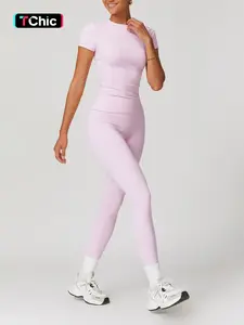 Women's Plain Round Neck Crop Tee & High Waist Leggings Yoga Set, Breathable Quick-Drying Short Sleeve T-Shirt & Skinny Pants Set for Gym Workouts and Running, Workout Running Clothes, Ladies' Sportswear for All Seasons