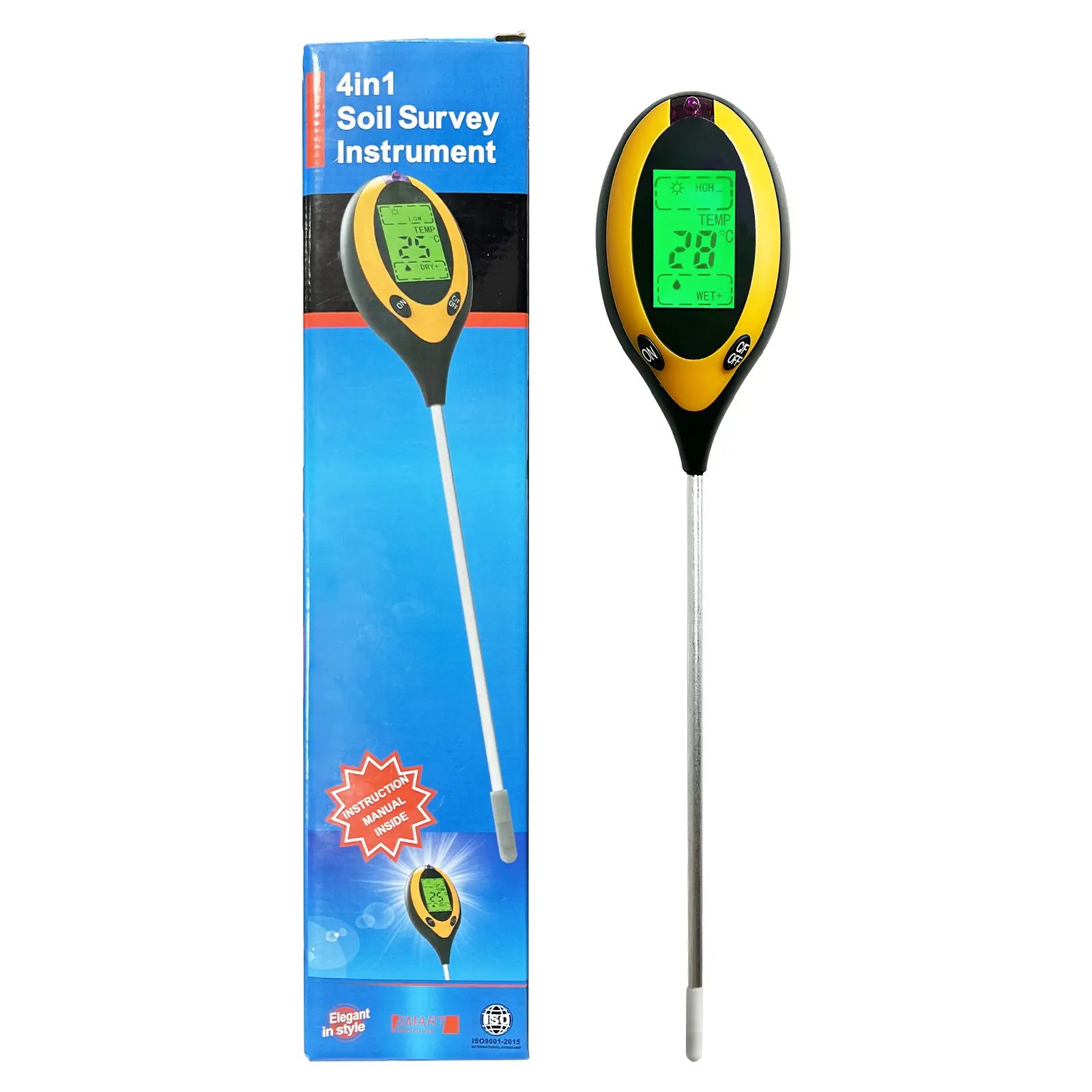 4-in-1 Long Probe Soil Tester Kit - Digital Moisture, Temp, PH & Sunlight Intensity Sensor with Backlight LCD Display for Indoor/Outdoor Gardening, Farming Large Pot Plants
