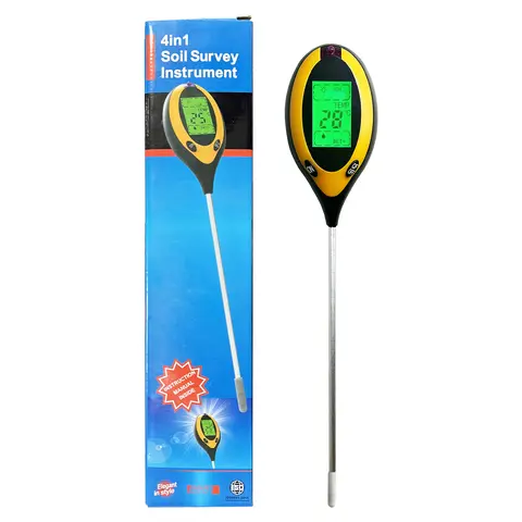4-in-1 Function Soil Tester Probe + Kit - Long Probe Multi-Sensor with Moisture, Temp, PH Detectors, Sunlight Check, Backlight LCD Display, 10s to Read Data, Watering Guides for Farmers, Indoor/Outdoor Large Pot Plants Use
