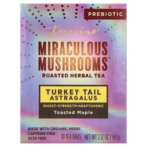 Teeccino Miraculous Mushroom™ Roasted Herbal Tea, Turkey Tail Astragalus, Toasted Maple, Caffeine Free, 10 Tea Bags, 2.12 oz (60 g)