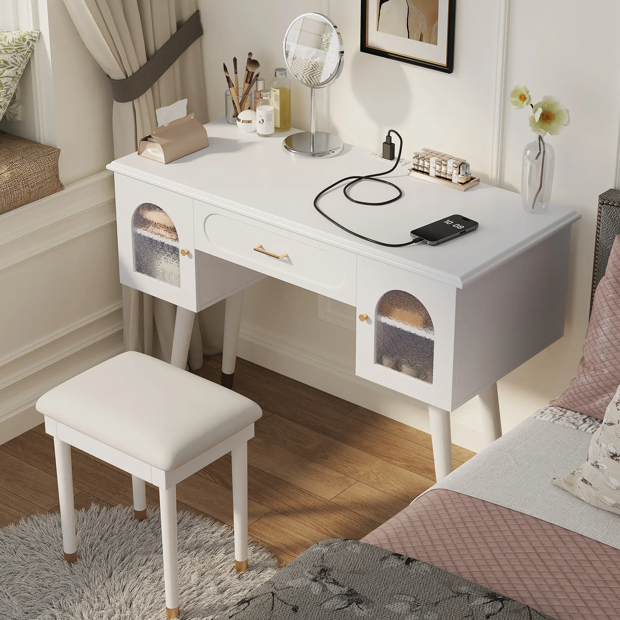 OPUL Elegant Vanity Makeup Table & Chair Set, Modern Minimalist Writing Desk Dressing Table with Organizer, Writing Desk, Charging Port, Study Desk and Vanity Desk with Storage for Home Office, Bedroom, Small Spaces, White