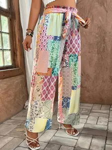Women's Patchwork Print  Tie Waist Wide Leg Pants,   Casual Comfy Trousers for Daily Wear, Ladies Bottoms for All Seasons