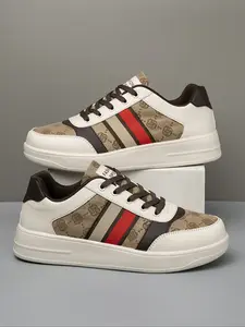 Men's Vintage Floral Patchwork Low Top Casual Sneakers, Canvas Leather Combination Durable Sports Shoes, Soft Sole All-Season Trendy Men's Shoes