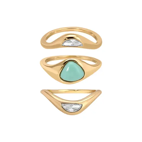Ettika Turquoise Solstice Ring Stack - Brass 18k Gold Plated Reconstituted Turquoise Gemstone Jewelry Set Solitaire Stackable Rings