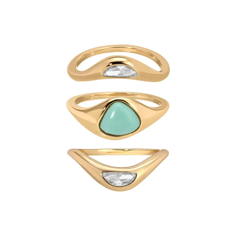 Ettika Turquoise Solstice Ring Stack - Brass 18k Gold Plated Reconstituted Turquoise Gemstone Jewelry Set Solitaire Stackable Rings