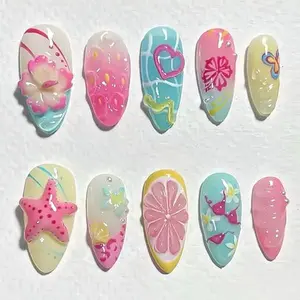 30Pcs Flower Press On Nails Medium Almond Nails With 3D Colorful Summer Sea Starfish Design Pearl Rhinestones Glue on Nails French Tip Acrylic Nails Beach False Nails Hibiscus Stick on Nails for Women