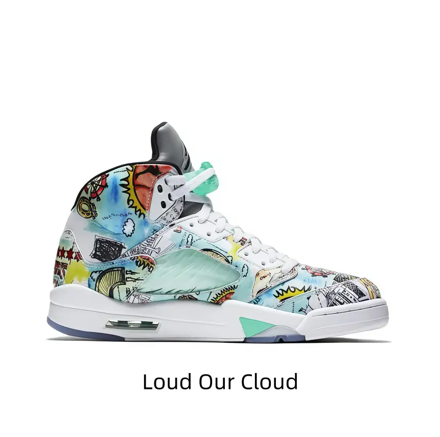 Art graffiti print high top athletic shoes covered with colorful hand-drawn patterns, mint green mesh side panels and clean white cushioned sole, unique artistic street sneakers that catch all eyes