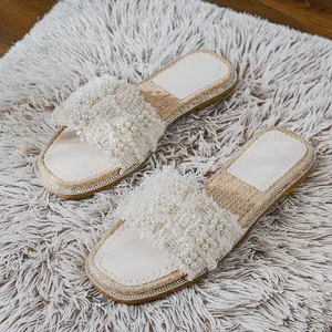 Women's Faux Pearls Chain Flat Sandals Dressy Open Toe Slip On Flats Summer Casual Outdoor Slide Slippers