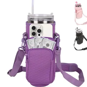 BEYIDOT  Neoprene Water Bottle Carrier Bag for Stanley 40oz Tumbler, Crossbody Sling with Phone Pocket & Detachable Strap, Adjustable Shoulder Holder Pouch with Charm, for Gym Travel, Drink Holders
