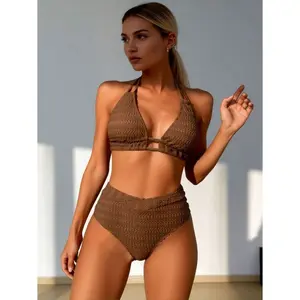 Women's Nylon 2-Piece Bikini Set - Mocha Brown Textured Halter Swimsuit, Cutout High-Waist Bathing Suit for Summer Beach, Pool Activities