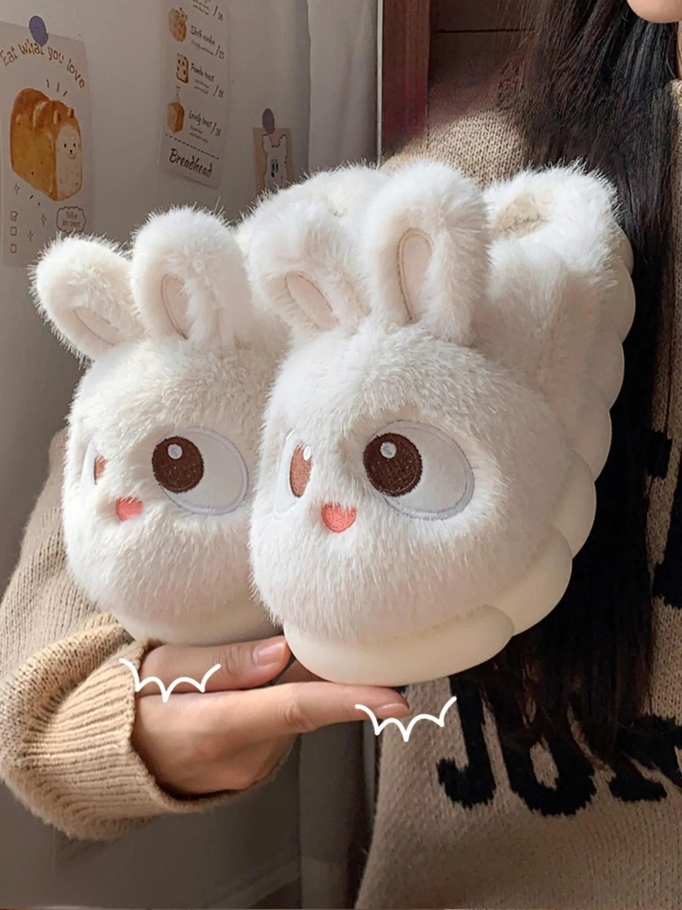 Women's Cute Cartoon Rabbit Design Plush Slippers, Casual Soft Comfortable Fluffy House Slippers, Fuzzy Warm Slippers for Indoor & Outdoor Use for Fall & Winter, Footwear