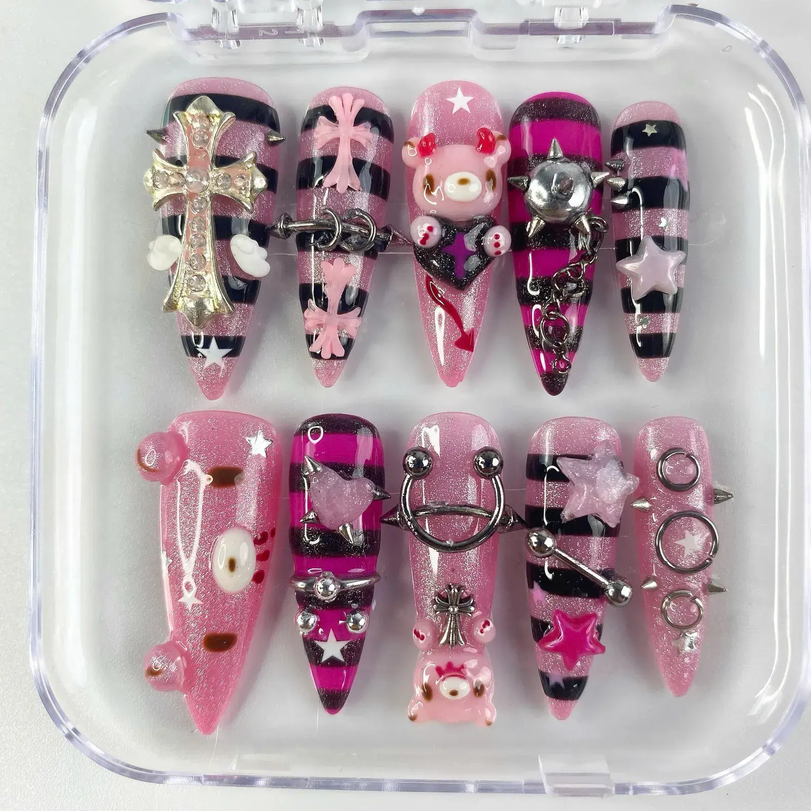 Pink Punk Bear Press On Nails | 3D Cross Charms, Y2K Goth Kawaii Style