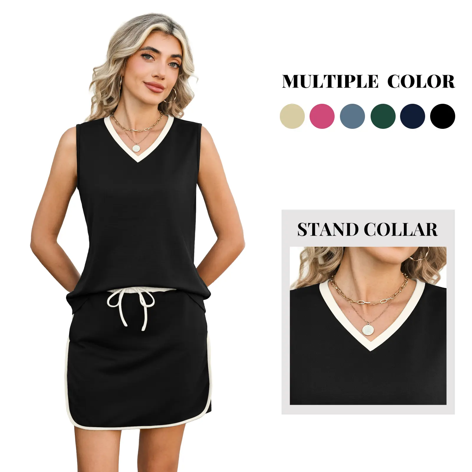 Women's 2-Piece Nylon Athleisure Wear Set - V-Neck Sleeveless Pocketed Tank Top & Above-the-Knee Skirt, Sporty Chic Basics for Gym, Activewear Running, Summer Outdoor Use, Sets for Women, Tank Tops