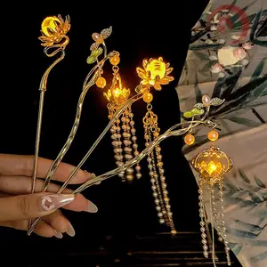 Women's Vintage Chinese Style Luminescent Lotus Light-Up Lantern Tassel Hair Stick, Metal Flower Hair Accessories