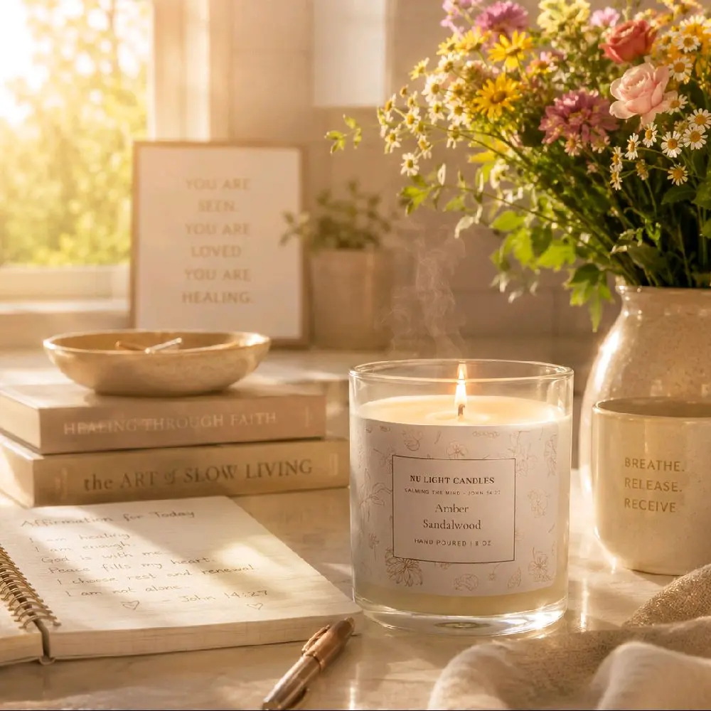 Nu Light Candles Amber Sandalwood Hand Poured 8 Oz Calming The Mind John 14:27 Scented Candle Aroma Decor
