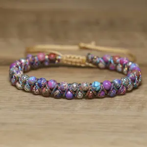 Natural Purple Sea Sediment Jasper Crystal Bracelet - Gemstone Beads Handmade  Adjustable Bracelet - Stone of Serenity Amethyst Pink Quartz