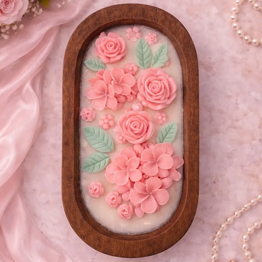 Pink Flowers Dough Bowl Candle 15 oz Floral Scented - Birthday gift candle, Mothers Day Candle gift idea, Decorative candle, home decor