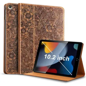 Leather Case for iPad 10.2 Inch, iPad 9th/8th/7th Gen,Cowhide Folio Cover for iPad 2021/2020/2019,  case, Auto Wake/Sleep,Adjustable Stand,Floral Brown