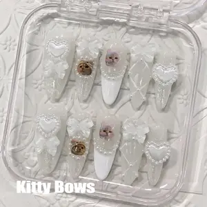 CuraTique | Kitty Bows 10PCS Handmade Press On Nails REUSABLE 3D Gel spring/summer 2025 / Prom