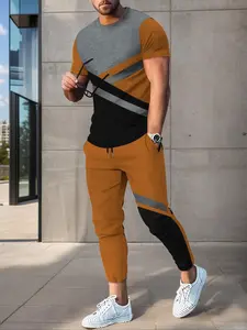 Two-Piece Set Men's Colorblock Round Neck Tee & Drawstring Waist Pants Set, Regular Fit Casual Short Sleeve T-shirt & Pocket Jogger Pants, Men's Summer Clothes