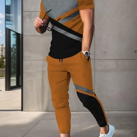 Two-Piece Set Men's Colorblock Patchwork Round Neck Tee & Drawstring Waist Pants Set, Regular Fit Fitted Casual Breathable Short Sleeve T-shirt & Pocket Jogger Pants, Men's Summer Clothes Summer Wear, Jogging Set, Menswear