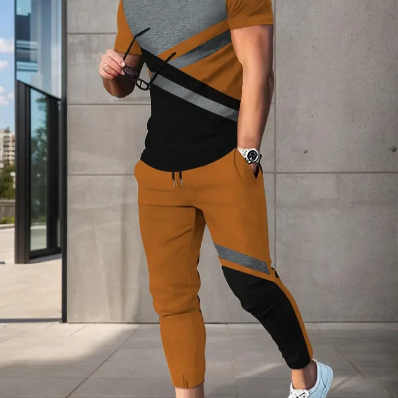 Two-Piece Set Men's Colorblock Patchwork Round Neck Tee & Drawstring Waist Pants Set, Regular Fit Fitted Casual Breathable Short Sleeve T-shirt & Pocket Jogger Pants, Men's Summer Clothes Summer Wear, Jogging Set, Menswear