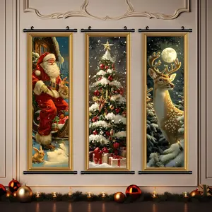 3 Count Christmas Banner, Vintage Santa Art Poster, Waterproof Wall Decor, Party Atmosphere, Home Decoration, HD Gift Box