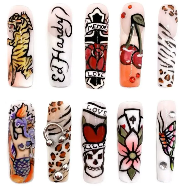 Ed Hardy Inspired Tattoo Nails, Rose Skull Flames Nails, Vintage Tattoo Inspired Press On Nails, Edgy Graphic Nail Art, Tiger Cherry Butterfly Skull Design