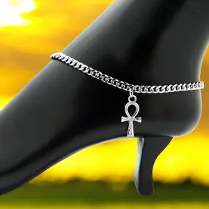 Women's Egypt Ankh Cross Charm Fashion Anklet Bracelet Silver Plated 4mm 10" Cuban Chain Jewelry Accessory