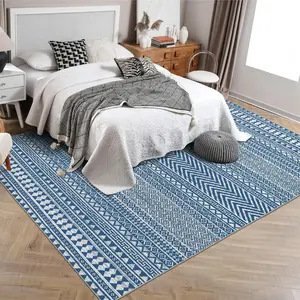 Garvee washable rug 20 x 25 cm geometric low-pile indoor non-slip boho farmhouse rug Moroccan blue bohemian rug for living room, bedroom, home decor, blue