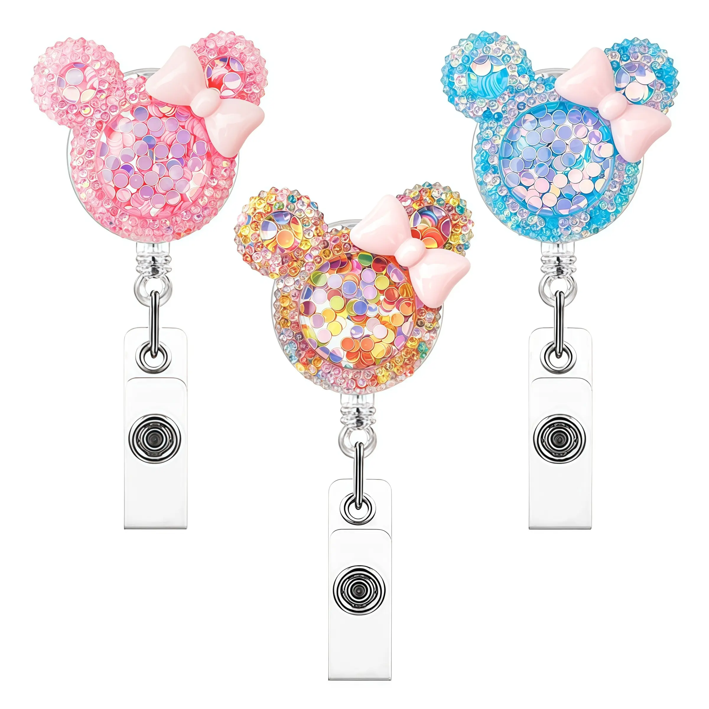 Shiny Mouse Ears Badge Reel, Cute Flashy Cartoon ID Badge Clip with Bow, 360 Degree Rotation, Perfect Gift for Medical Professionals, Medical Badge Holder, Badge Accessories, Badge Decoration