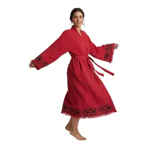 Red Kimono Robe with Pockets, Hand Painted, 100% Cotton, XS-XL, Loungewear Nightwear for Women - Womenswear, Gowns bathrobes