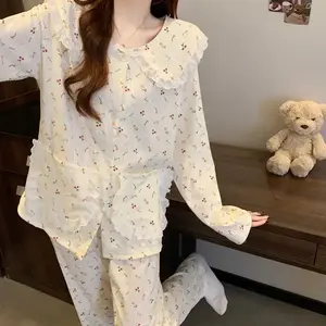 Women’s Soft Floral Pajama Set | Korean INS Style | Long Sleeve Doll Collar Cloud Cotton Loungewear Two-Piece Outfit